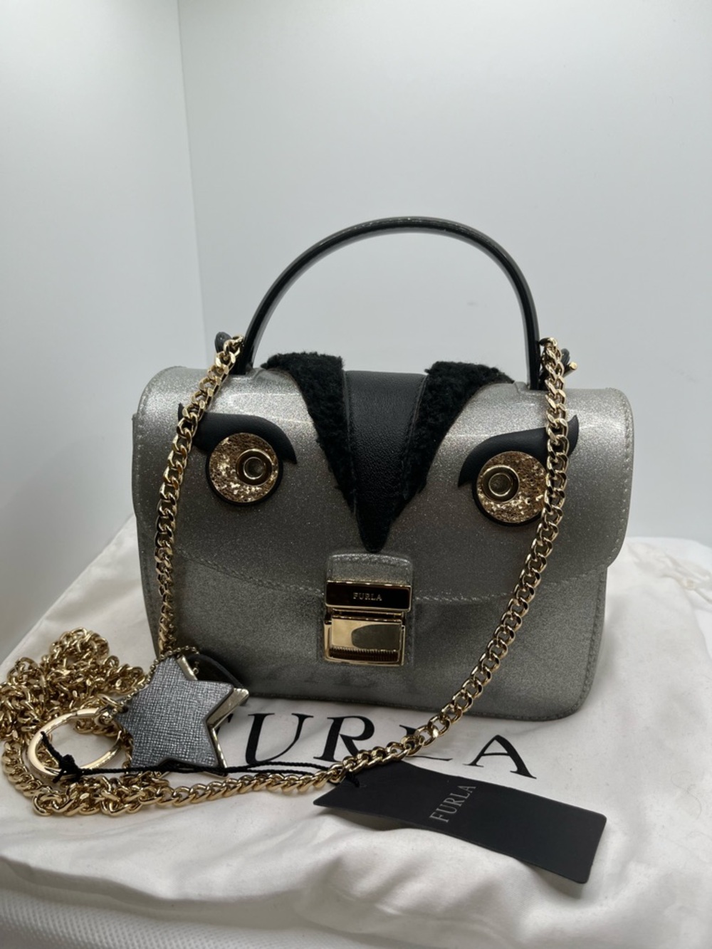 Furla Silver Glitter Top-Handle Satchel with Gold Chain